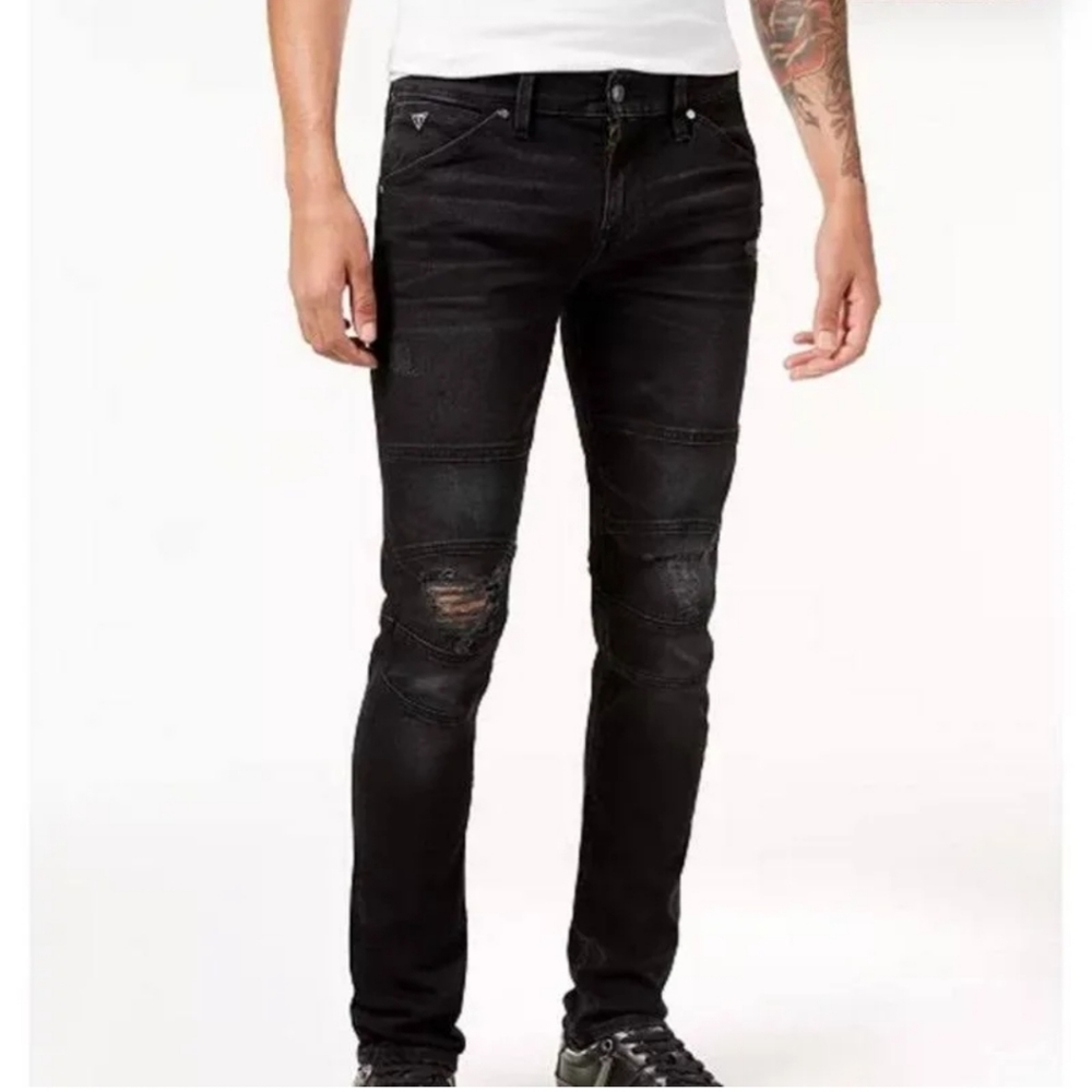 Guess heavy distressed moto jeans slim tapered